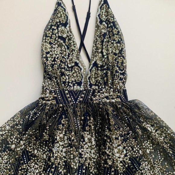 Luxxel Backless Sequin Mini Dress | Blue and Gold  | Size M - Picture 2 of 14